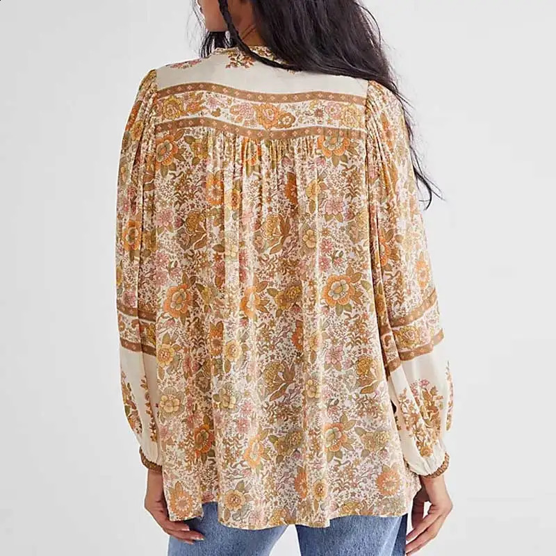 Super Chic Boho womens shirt floral print button Vneck tassel autumn long sleeved top holiday 240819