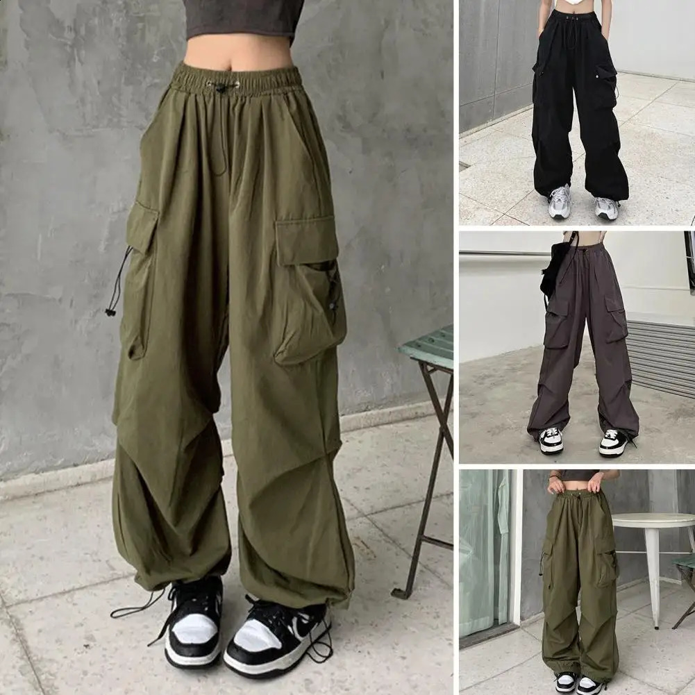 Lady Trousers Women Clothes Women Cargo Pants Hip Hop Baggy Solid Color Multi Pockets Elastic Waist Match Top Loose Breathable 240820