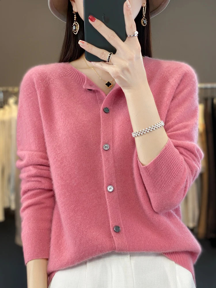 100% Merino wool sweater womens Oneck button cardigan long sleeved knitted spring and autumn winter clothing top 240819