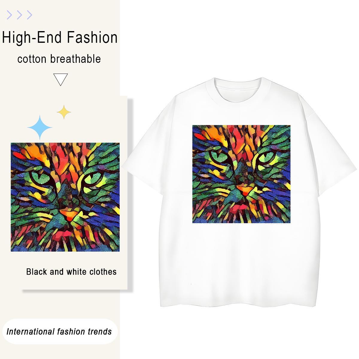 Classic Women Tees Home Outdoor Comfortable Tshirts Loose 100% Cotton 230g cat Floral Print T-Shirts for Women