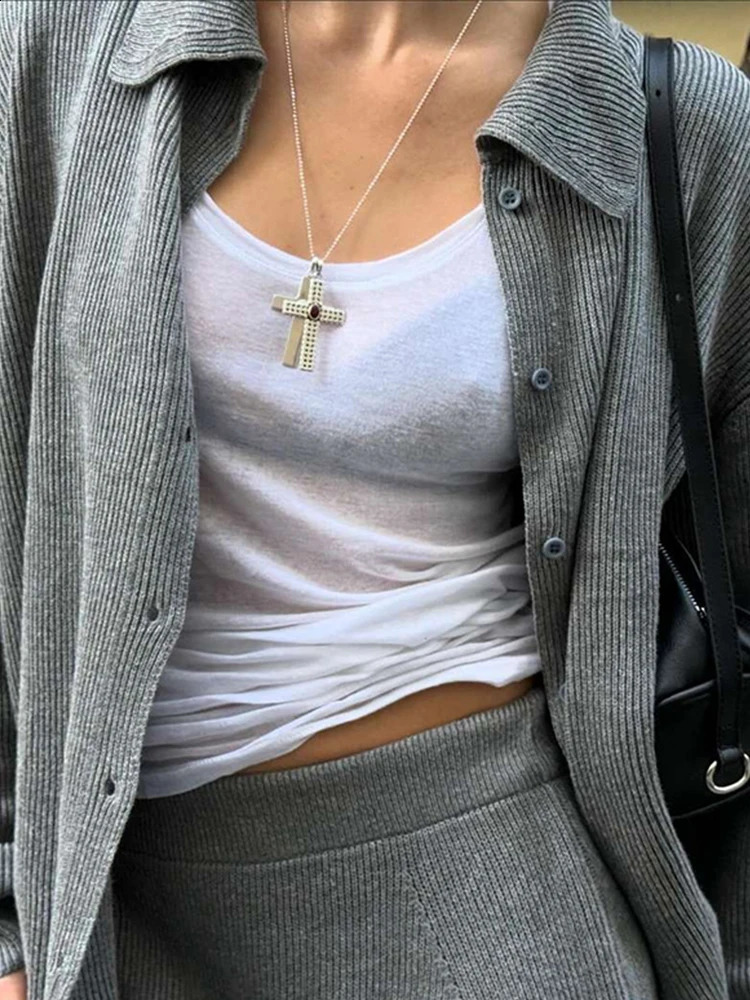 Knit Solid Sets For Women Turn-down Collar Single-breasted Cardigan Split Skirt High Waist Pants Loose Lady Autumn Streetwear 240819