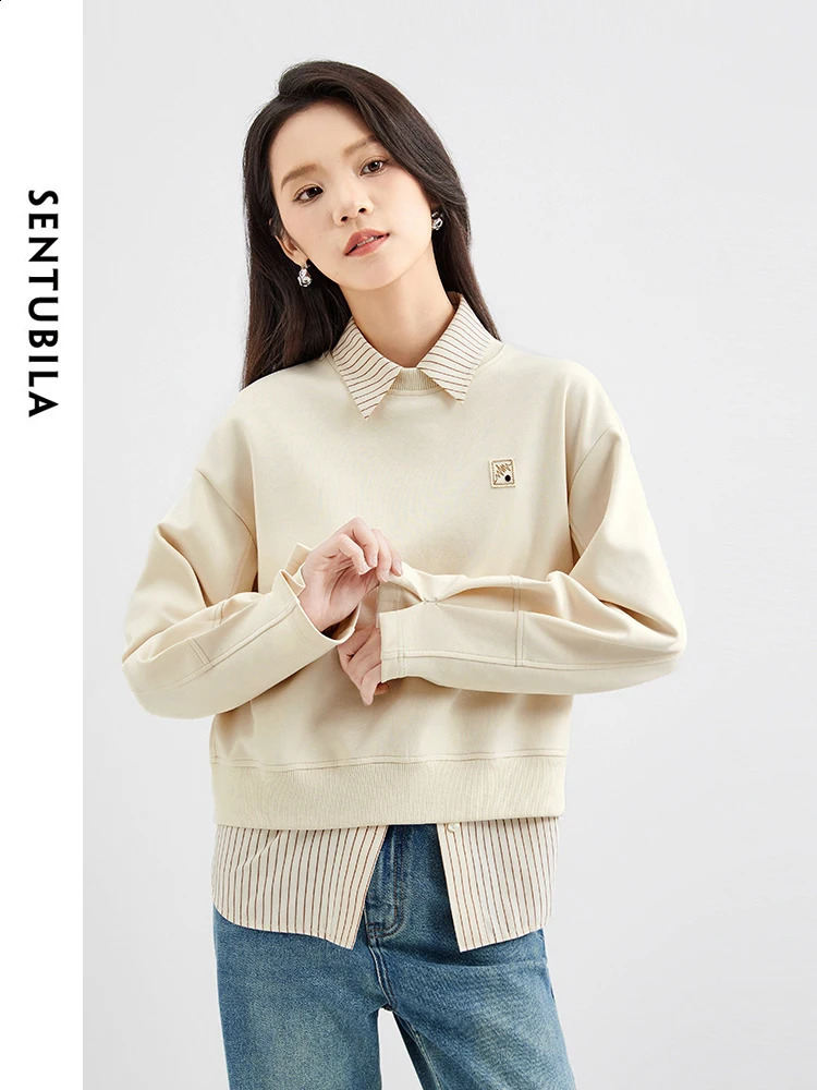 SENTUBILA Almond Simple Round Neck Sweatshirt for Women Spring Straight Casual Zipper Womens Long Sleeve Top 141A52744 240814