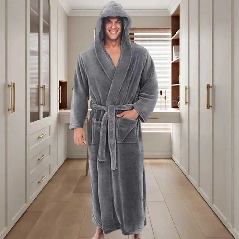 Comfortable plush bathroom soft absorbent mens hooded bathroom with adjustable belt pocket keeping pajamas comfortableW240719
