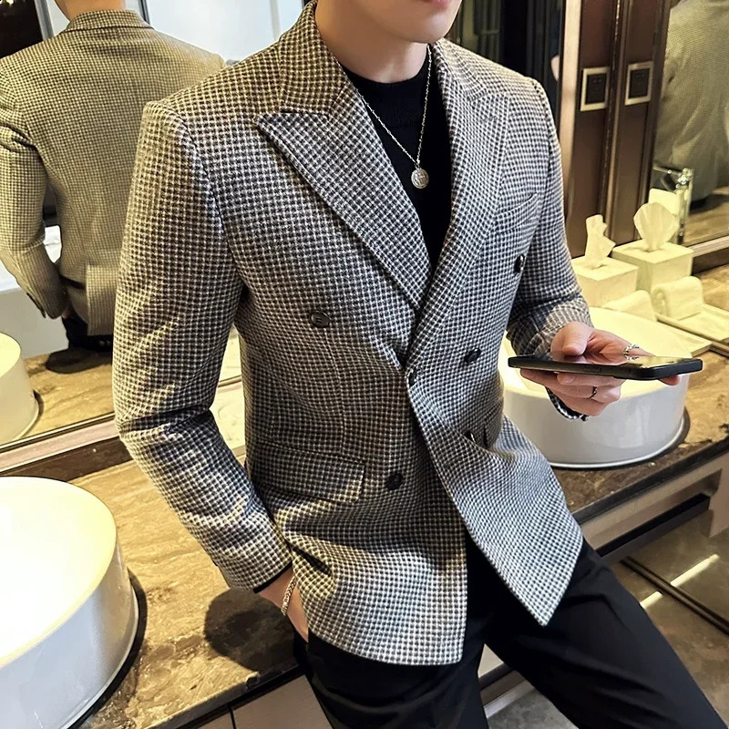 British style mens double chest ultrathin fit jacket Houndstooth official business wedding 240819