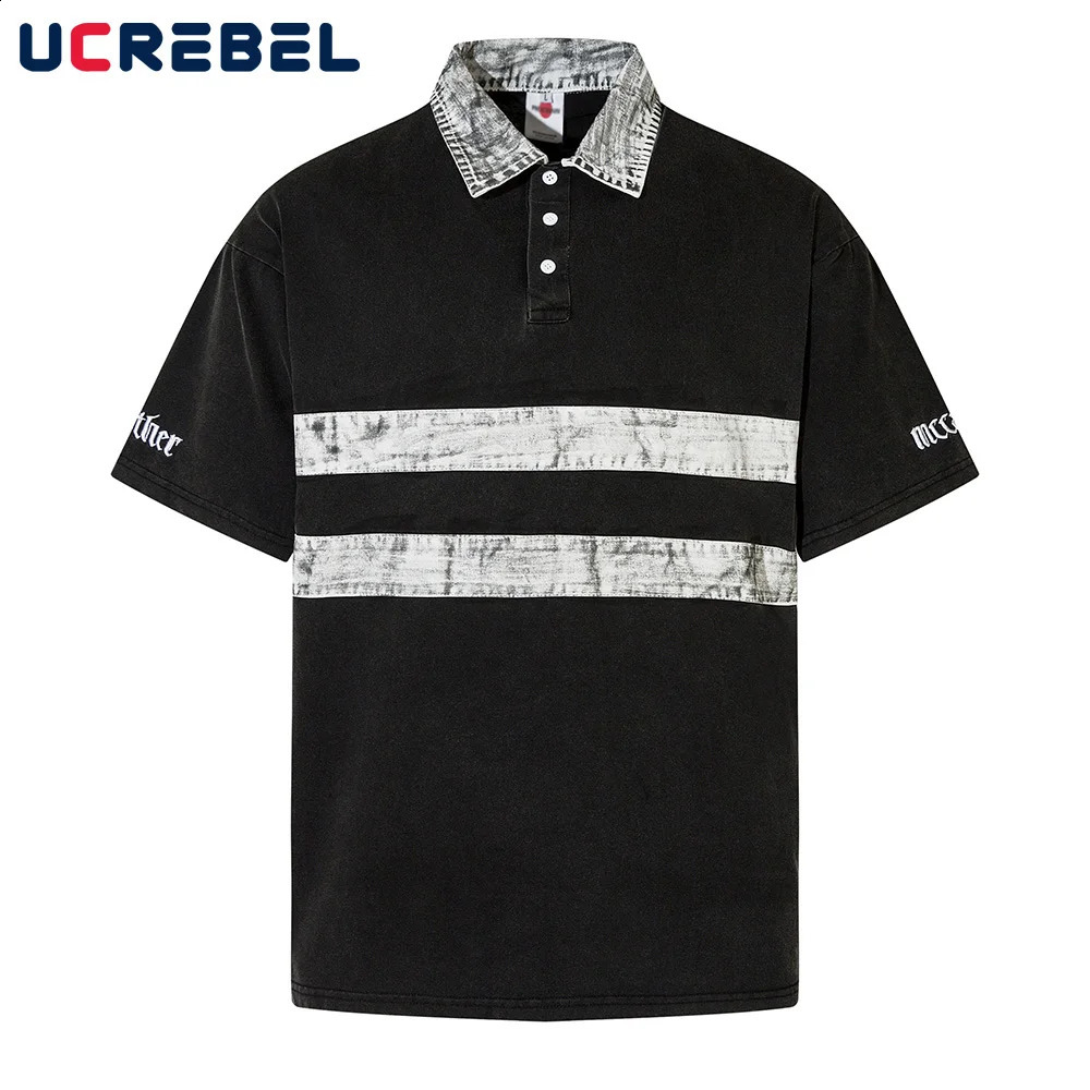 Letter Embroidery Spliced Polo Shirts Mens Summer High Street Distressed Loose Cotton Short Sleeve Tops Men 240820
