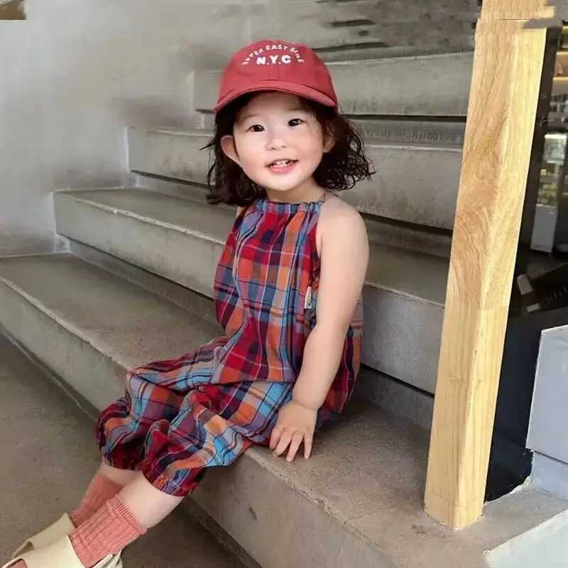 Cherry Girls Red and Blue Plaid jumpsuit summer cute bunny tail girl bib pants baby coat girl jumpsuit W240806