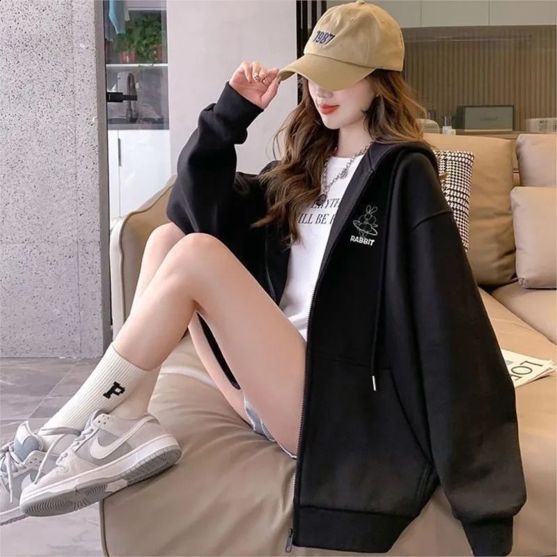 Printed Hoodie Womens Retro Harajuku Solid Jacket Street Zipper Casual Loose Sportswear Clothing Y2K NS5608 240819