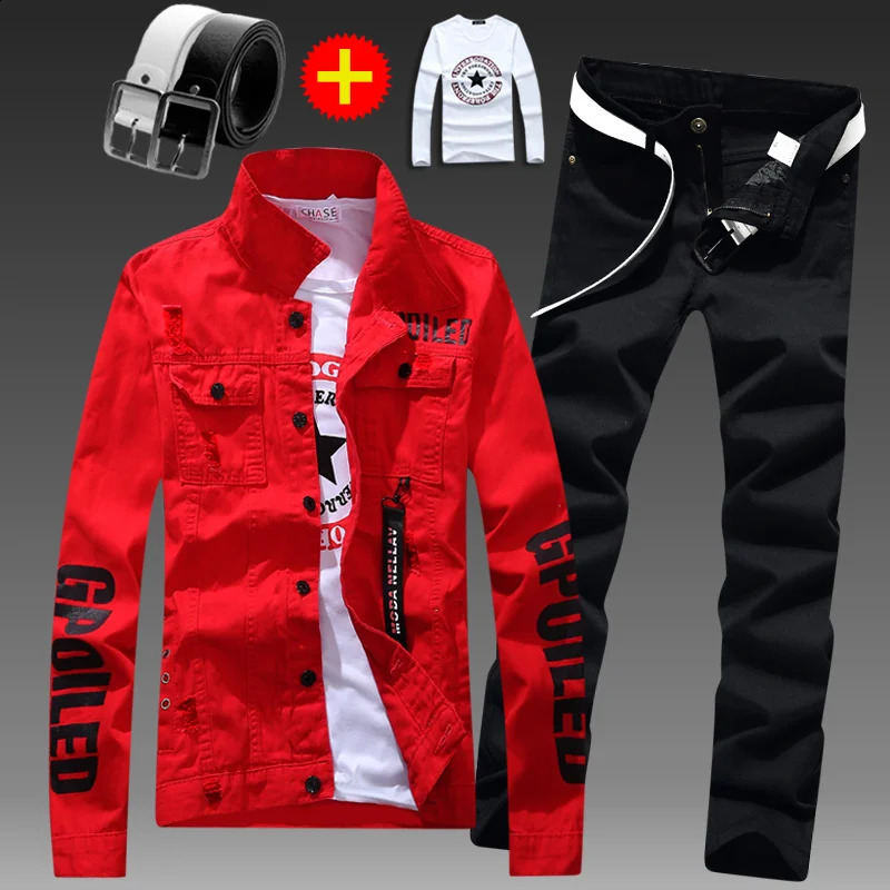 Mens Slim Fit Denim Jacket Pants 2pcs Set Long Sleeve Coats Letters Printed Casual Large Size Black White Red Boys Trousers 240819