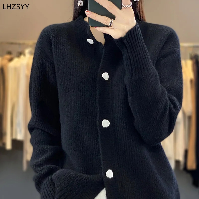 Womens 100% Merino wool knitted cardigan autumnwinter round neck casual jacket loose and warm womens top bottom shirt 240819