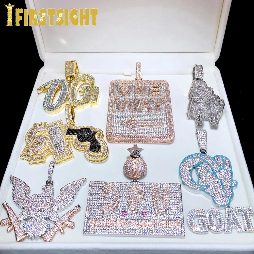 Iced Out Bling CZ letter badge pendant necklace cubic zirconia gold letters money charm mens fashion hiphop jewelry 240812