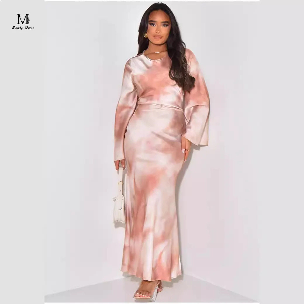 Elegant Women Print Maxi Dress Long Sleeve Loose O-neck Bandage Satin Clothing Fashion Lady Casual Dresses 240819