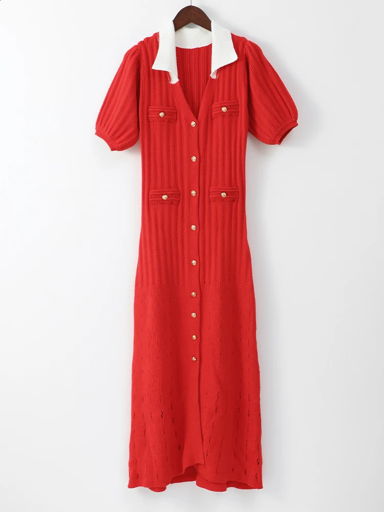 Red and black hollow womens knitted long skirt elegant comparison single chest lapel short sleeved Maxi dress streetwear 240819