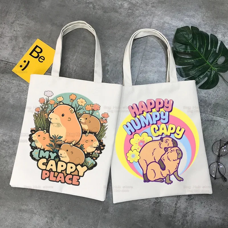 Interesting animal Capybara cartoon cute womens canvas handbag ecofriendly shopping bag shoulder folding beach 240820