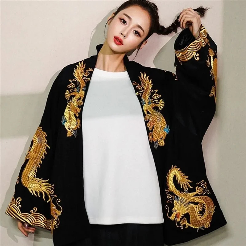 Spring Autumn Printing Dragon Coat Women Fashion Loose National Wind Black Cardigan Jacket Embroidery Outerwear Female 240819