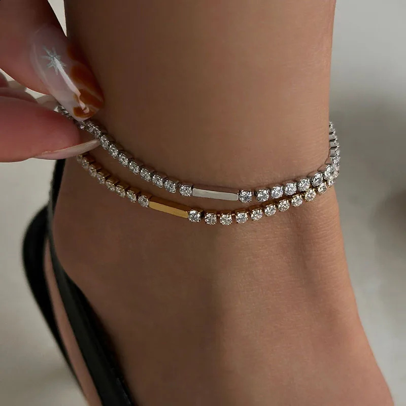 Womens Tennis Chain Ankle Stainless Steel Daily Minimum Gem Summer Exquisite Elegant Jewelry Collection 240812