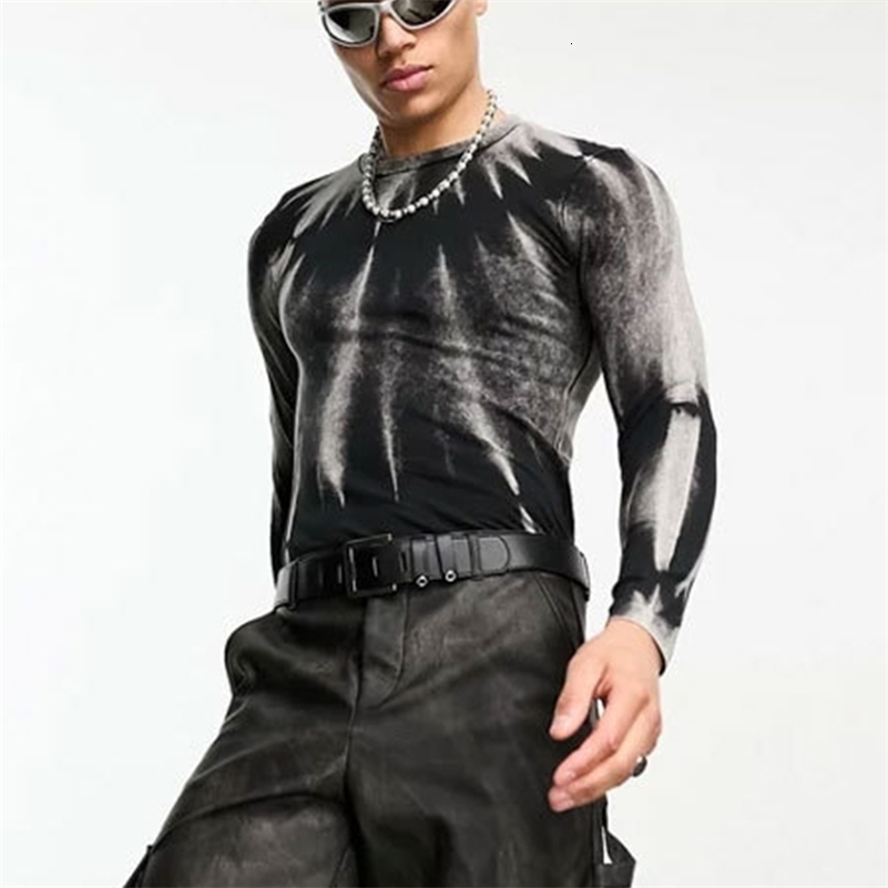 Fashion Mens T Shirts Streetwear Fall Long Sleeve O Neck Stretch Slim Fitting Basic Tops Men Y2K Style Printed T-shirt 240819