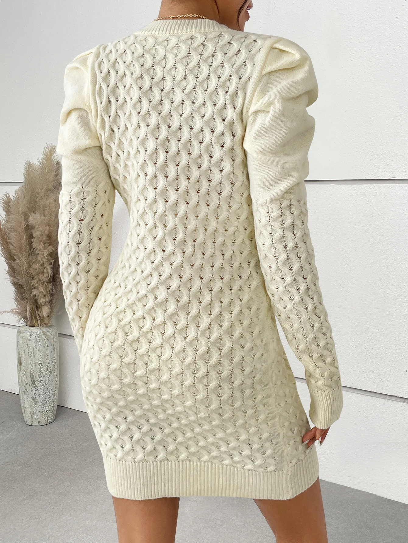 Hollowed-out twist sweater fashion round neck slim sexy hip long sleeve knitted dress 240819