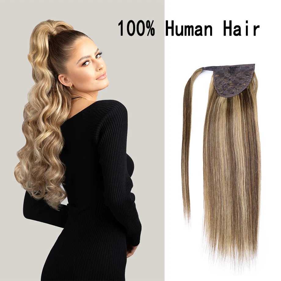 100% artificial hair ponytail with clip on magic cream invisible ponytail wrapped around a soft straight ponytail W240817