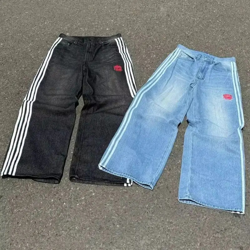 Y2K Harajuku Rare Person Bag Jeans Retro Side Line Embryo Pattern Super Cool Street Gothic Nine Quarter Leg Pants 240819