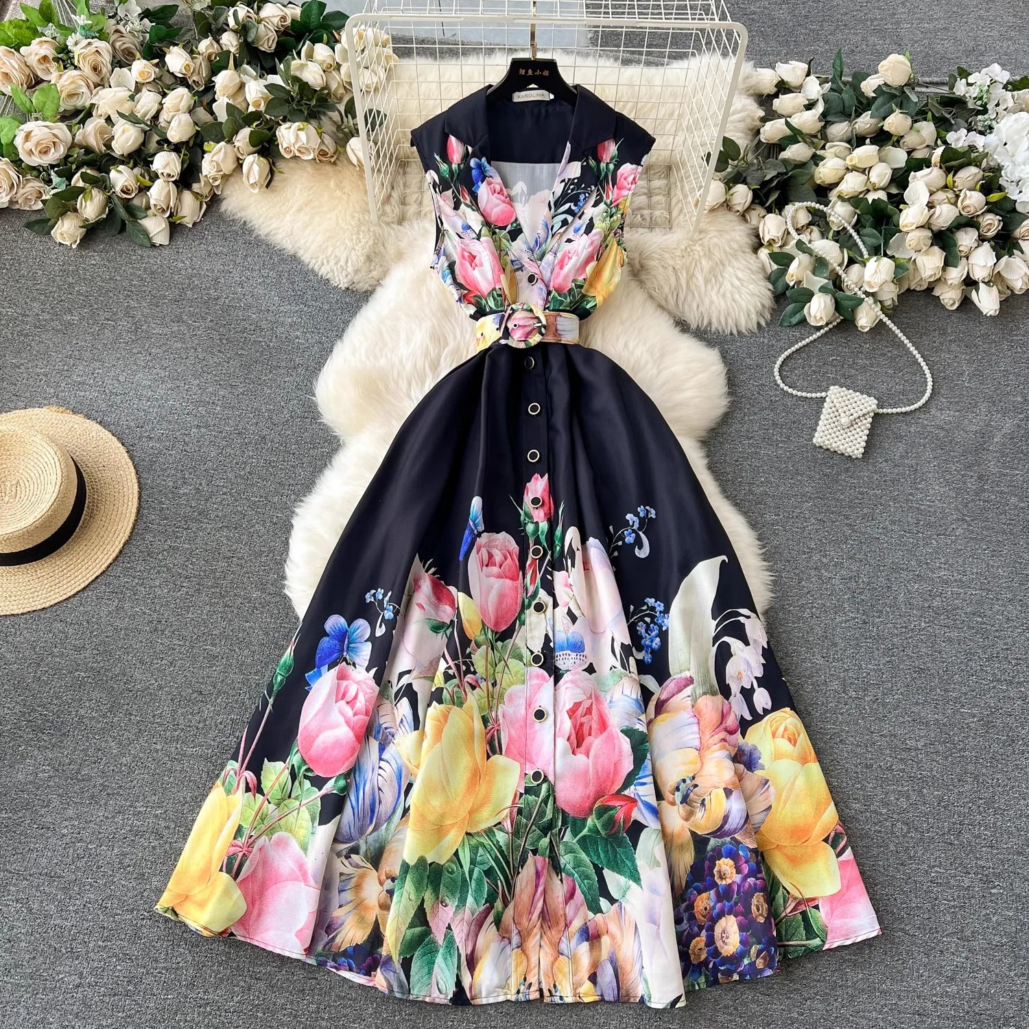 Summer Holiday Beach Dress Womens Notched Collar Sleeveless Single Breasted Floral Print Belt Long Boho Party Vestido 6389