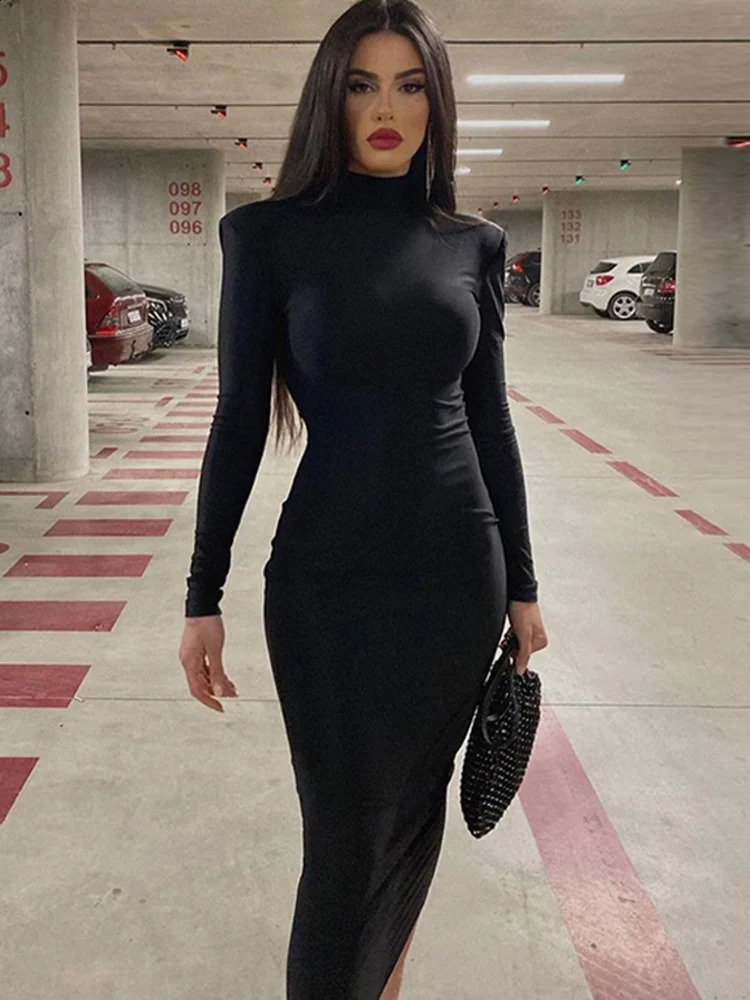 CNYISHE Women Turtleneck Black Sexy Bodycon Maxi Dress Winter Casual Streetwear Costume Casual Going Out Dresses Women Robe 240819