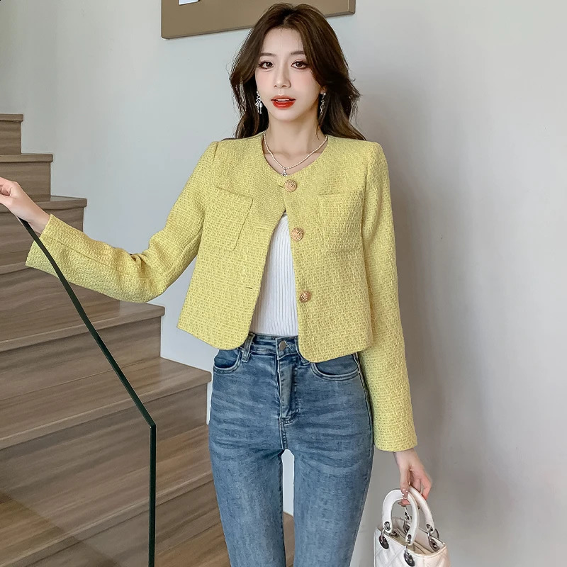 SpringAutumn Womens Single Chest Ultra Thin Short Jacket High Quality Fashion Light Yellow Coarse Linen Casual 240819