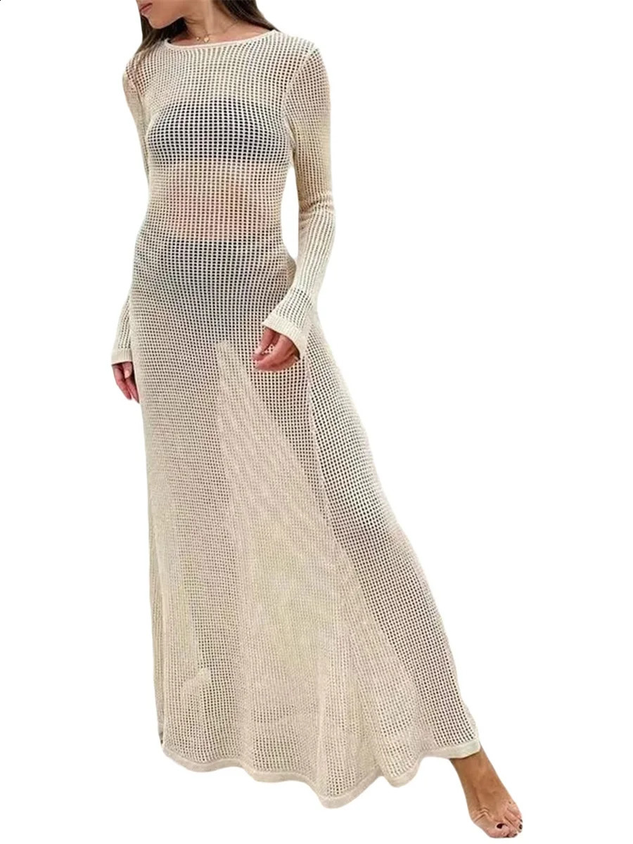 Women Sexy Beach See Through Maxi Dress Long Sleeve Hollow Crochet Knit Summer Coverups Bodycon Party Long Dress 240819