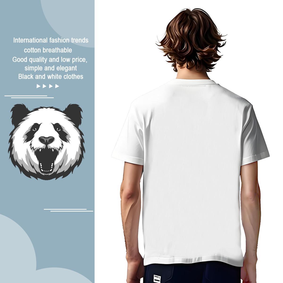 Comfortable T Shirt For Man panda Round Neck Short Sleeve Sports Casual Black White 230g Pure Cotton Men Tshirts 2024 New Tee Shirt