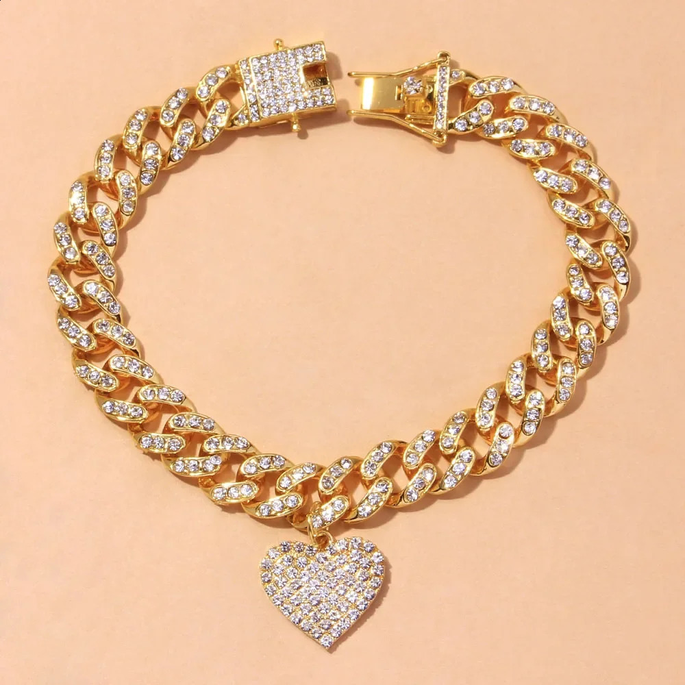 Short and chubby Miami Cuban chain ankle bracelet ice out mens Rhinestone hiphop heartshaped wholesale 240812
