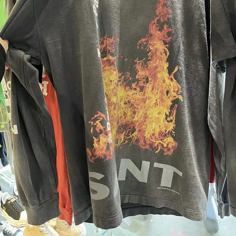 2024 Vintage Washed Black Pay money To my Pain Saint Long Sleeved T-Shirt Men Women High Quality Flame Printing T Shirt Tops 240819