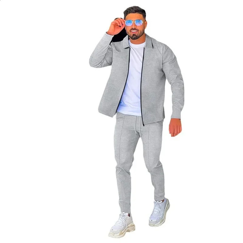 2024 Spring and Autumn Mens Sets Waffle Long Sleeved Set with Polo Collar Zipper Cardigan Casual Two Piece Set for Men 240819