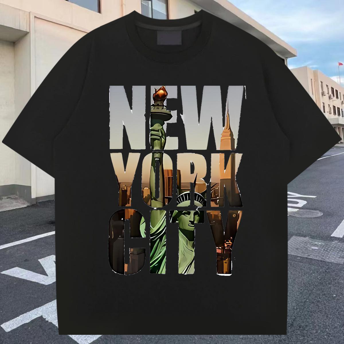 Popular Men Tees Daily Outfit 230g 100% Cotton Black Oversized Crew Neck Breathable New York T shirt 2024 Clothes