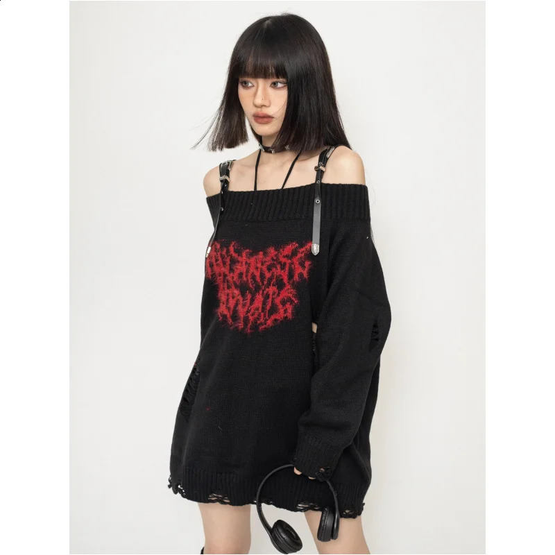 Womens Clothing Black Knitting Sweater Off Shoulder Long Sleeves Vintage Casual Korean Fashion Baggy Ladies Spring Grey Tops 240819