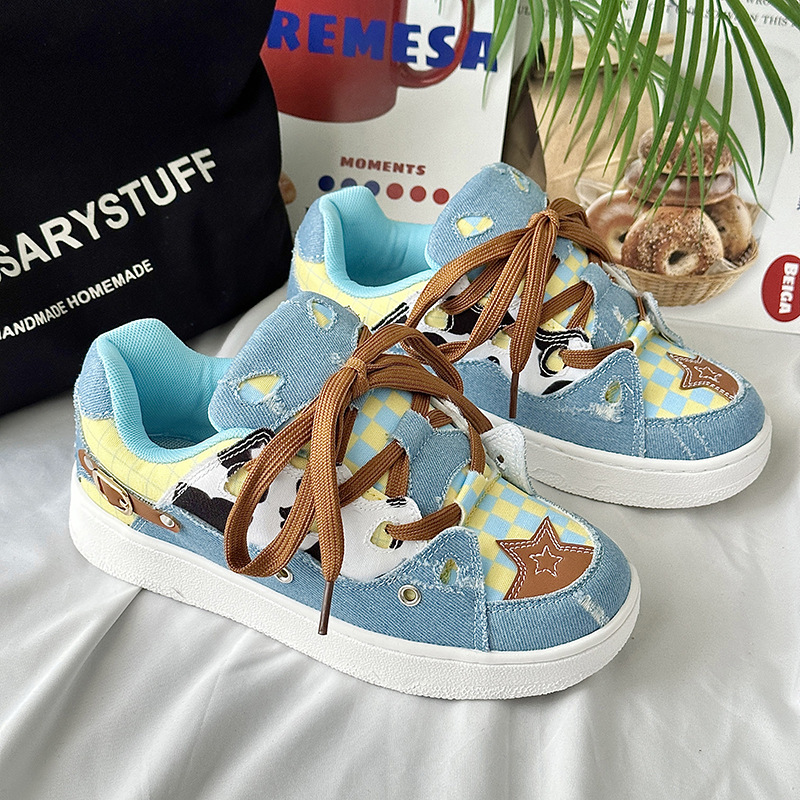 Long Foot New Sports Bread Cow Pattern Denim Patching Autumn and Winter BAKE Men's China-Chic Skateboarding Women's Shoes