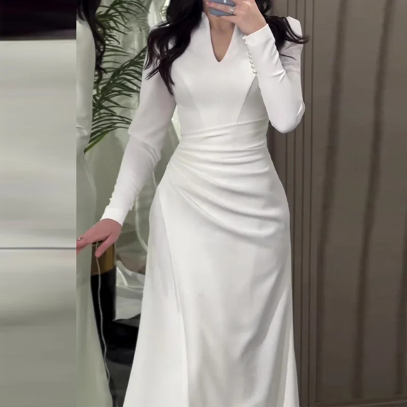 Dress Women Solid Long Dresses V Neck Full Sleeve Slim Fit Sheath Splice Regular Elegant A Line Vestidos Office Ladies 240819