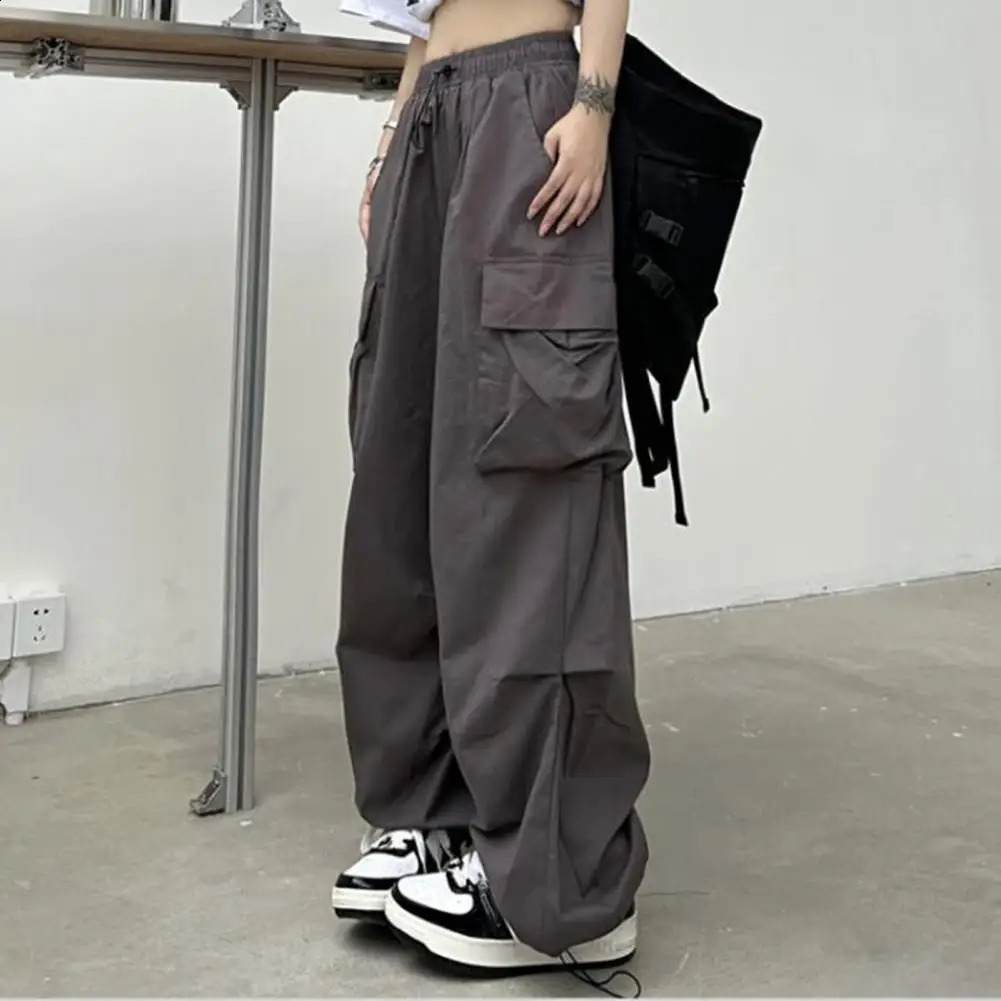 Cargo Pants Hip Hop Baggy Solid Color Multi Pockets Elastic Waist Match Top Loose Breathable Lady Trousers Women Clothes 2 Z260314