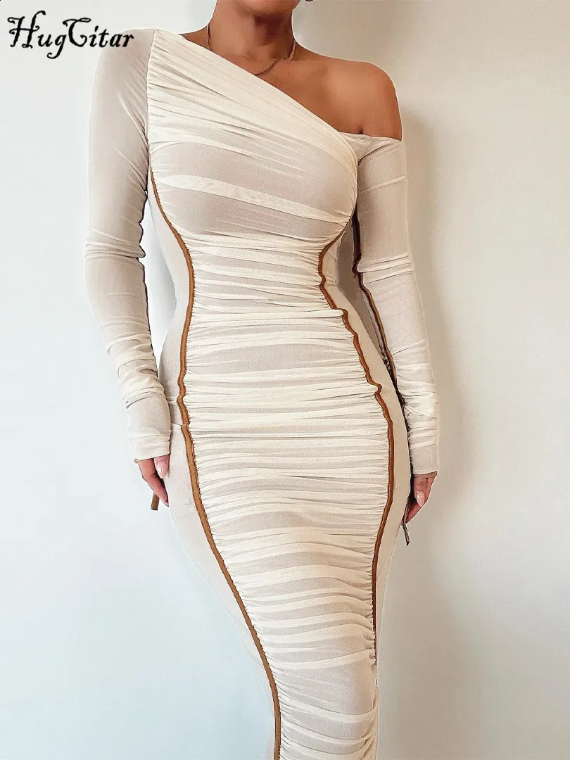 Hugcitar Mesh Solid Diagonal Collar Long Sleeve Draped Sexy See Through Bodycon Maxi Dress Summer Fashion Clothes Festival Club 240819