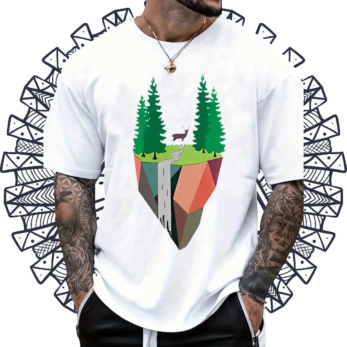 Popular Men Clothes T-Shirt Street wear Hip Hop 100% Cotton 230g Floral Print O Neck Short Sleeves mountains T-Shirts 2024 Summer Polos