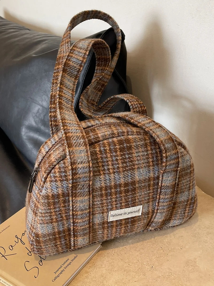 Trendy Lattice Wool Blend Shoulder Bag Tote Handbags and Purses 2023 Ladies Messenger Bags High Quality 240819