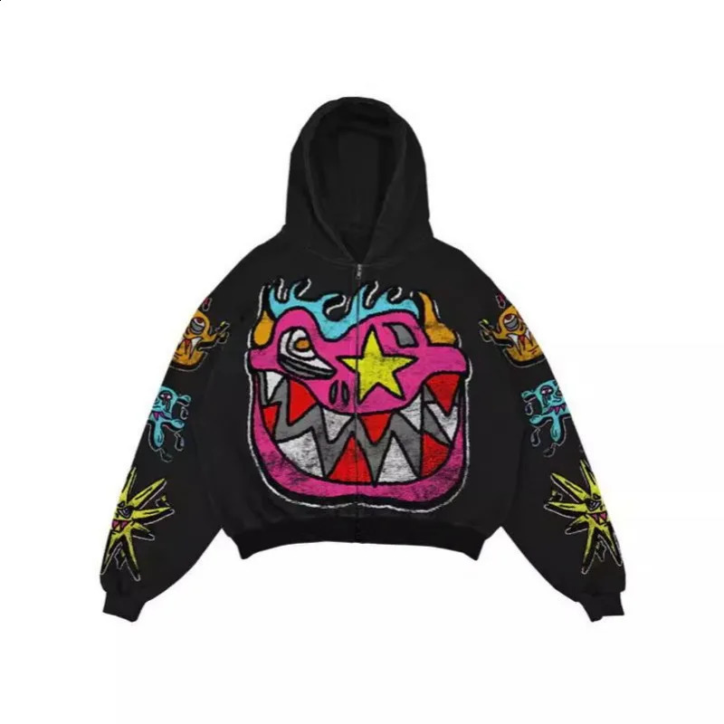 Instagram American Hip Hop Street Graffiti Printed Zipper Hoodie for Men Y2K Retro Gothic Casual Loose Couple Sweatshirts 240819