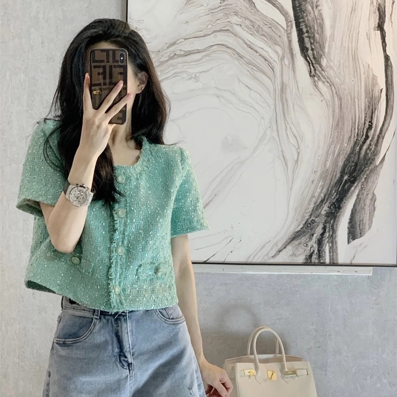 Vintage Fragrant Short Sleeve Jacket Womens Spring/Summer Versatile Fashion Tweed Greent Coat 240819