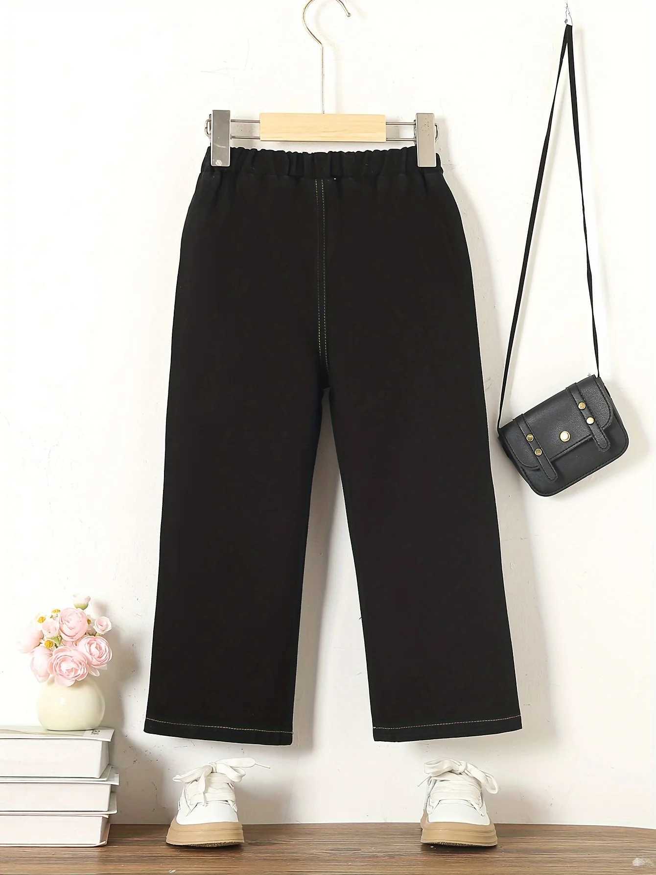 New Autumn Girl Cute Casual Fashion Printed Pants Outdoor Retro Trend Loose Black Jeans Elastic Waist Straight PantsW240819