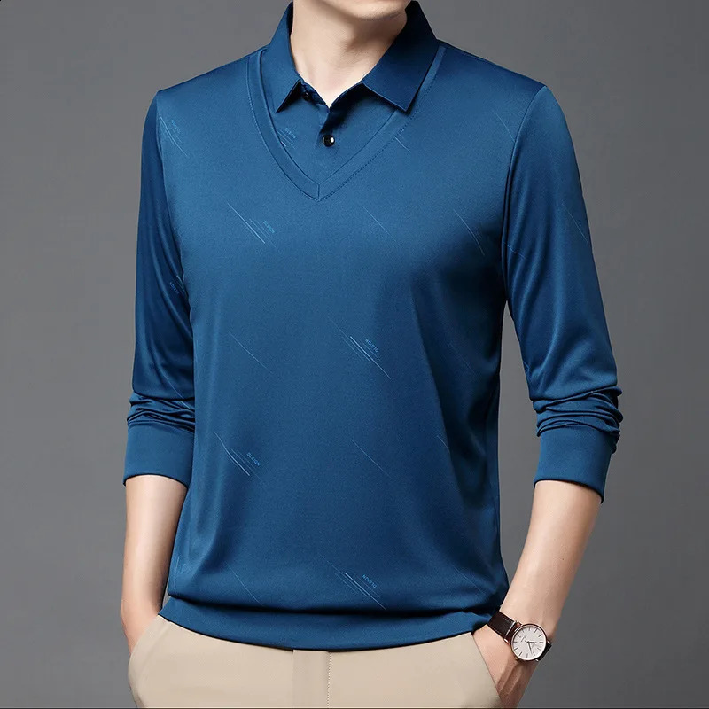 Spring and Autumn Mens Pullover Lapel Button Solid Letter Print Long Sleeve Tee T-shirt Polo Bottom Fashion Casual Formal Tops 240820