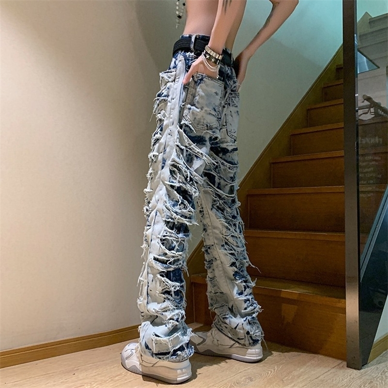 American high street erosion destroys raw edge Y2K retro jeans mens trendy straight tube slim flared pants foreign trade 240819
