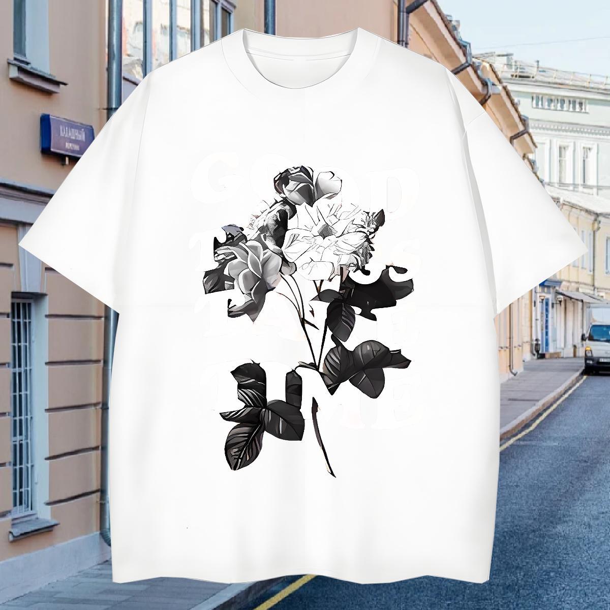 T shirt 230g Pure Cotton flower Street Casual Crew Neck Breathable Cartoon Print Men Tops Tees Casual New Cool Design Top Tees