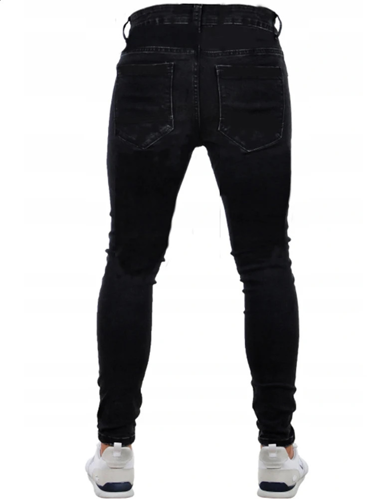 Streetwear mens tight jeans pants pencil bike side striped hiphop slim fit elastic 240819