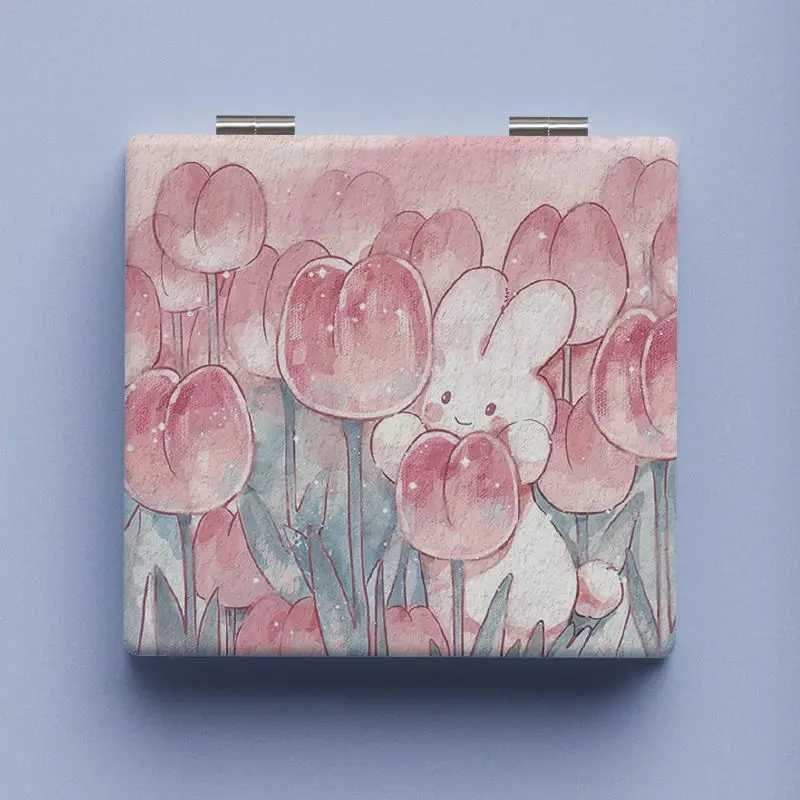 1pcs Tulip Bunny Cute Compact Mirror Makeup Mirror Square Folding Double-Sided Make Up Mirror Pocket Portable Compact For Girls Y240819
