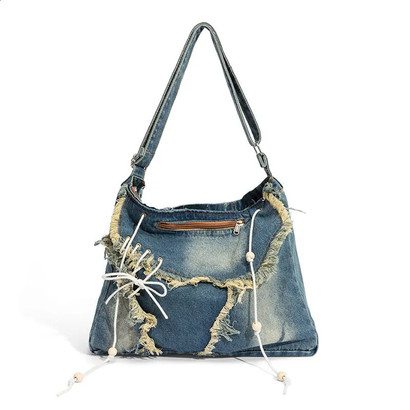 Japan Style Messenger Bags For Women Handbags And Purse In Denim Wooden Beads Stitching Tassel Shoulder 240819