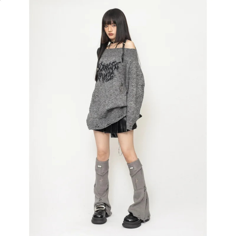 Womens Clothing Black Knitting Sweater Off Shoulder Long Sleeves Vintage Casual Korean Fashion Baggy Ladies Spring Grey Tops 240819