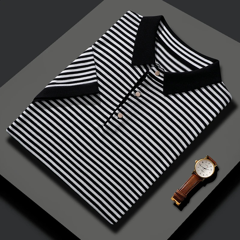 MVLYFLRT Mens T-shirt Summer Silk Short Sleeve Fashion POLO Collar Striped Tank Top Casual Large Top 240820